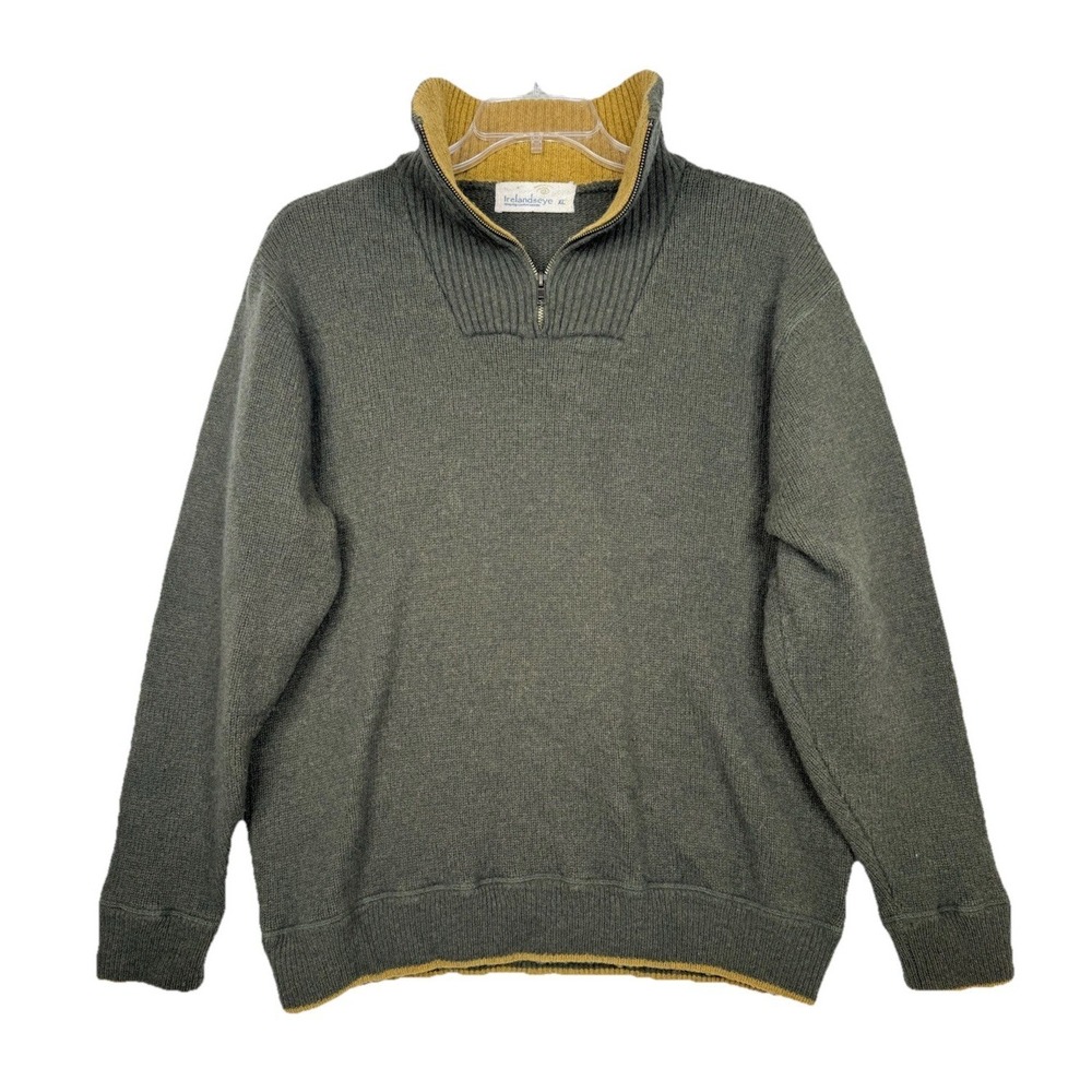 Irelands‎ Eye Sweater Size XL Olive Green Pullover Lambs Wool Mock Neck 1/4 Zip